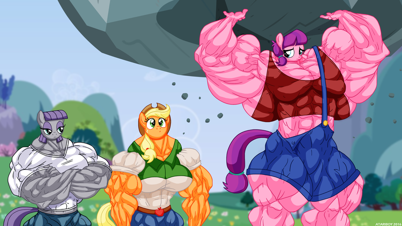 Size: 1920x1080 | Tagged: anthro, applejack, applejacked, artist:atariboy2600, derpibooru import, equestria girls outfit, fetish, lily longsocks, lily strongsocks, maud pie, maud pump, muscle fetish, muscles, older, overdeveloped muscles, suggestive