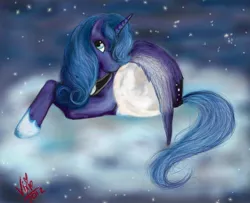 Size: 2094x1698 | Tagged: artist:vixetra, cloud, derpibooru import, hug, moon, night, princess luna, prone, s1 luna, safe, solo, tangible heavenly object, winghug