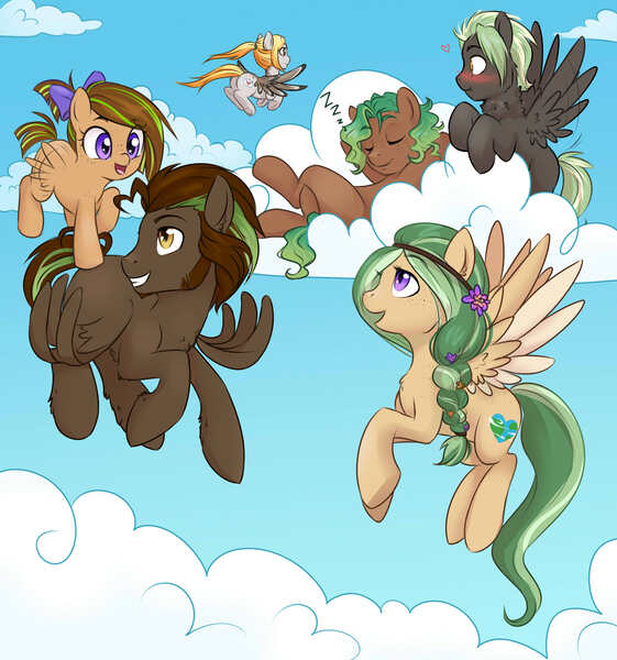 Size: 3000x3208 | Tagged: safe, artist:askbubblelee, derpibooru import, oc, oc:kiwi breeze, oc:smokescreen, oc:whirlwind, oc:willow breeze, unofficial characters only, pegasus, pony, cloud, cute, family, ocbetes, younger