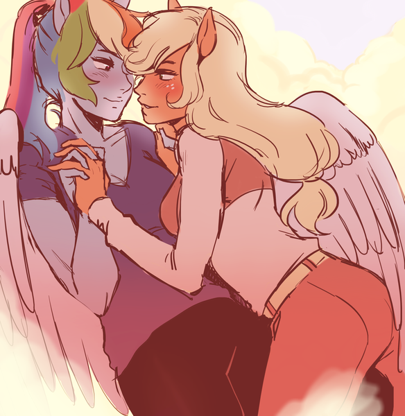 Size: 1280x1315 | Tagged: safe, artist:raito1, derpibooru import, applejack, rainbow dash, anthro, human, anime, appledash, blushing, clothes, eared humanization, female, holding hands, humanized, lesbian, pants, shipping, shirt, t-shirt, winged humanization