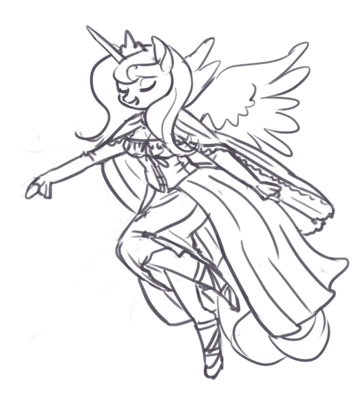 Size: 862x1000 | Tagged: anthro, artist:king-kakapo, cape, clothes, corset, derpibooru import, dress, eyes closed, monochrome, princess luna, s1 luna, safe, simple background, sketch, solo, spread wings, unguligrade anthro, white background