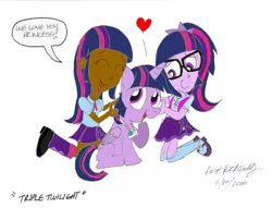 Size: 2433x1858 | Tagged: safe, artist:newportmuse, derpibooru import, sci-twi, twilight sparkle, twilight sparkle (alicorn), equestria girls, appreciation, crossover, dark skin, heart, human ponidox, self ponidox, signature, simple background, speech bubble, trio, twolight, twyla sparks, white background