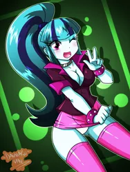 Size: 2100x2800 | Tagged: suggestive, artist:danmakuman, derpibooru import, sonata dusk, equestria girls, adorasexy, big breasts, blushing, bracelet, breasts, cleavage, clothes, cute, female, green background, jewelry, one eye closed, open mouth, panties, ponytail, sexy, signature, simple background, skirt, skirt pull, smiling, socks, solo, solo female, spiked wristband, studded bracelet, thigh highs, underwear, upskirt, white underwear, wink, wristband, zettai ryouiki