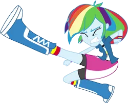 Size: 7509x6054 | Tagged: safe, artist:xxphantomxxx, derpibooru import, rainbow dash, equestria girls, absurd resolution, clothes, compression shorts, eyes closed, kick, simple background, skirt, solo, transparent background, vector