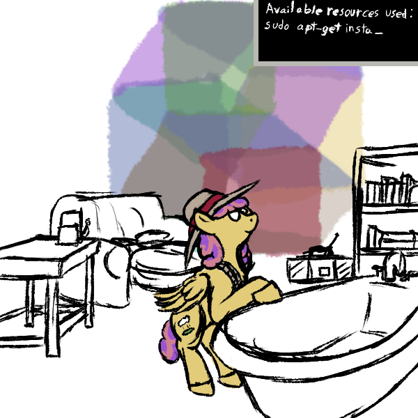 Size: 600x600 | Tagged: artificial intelligence, artist:thebathwaterhero, bathtub, color, cyberpunk, cyoa, cyoa:semantic error, derpibooru import, hat, oc, oc:brandy byte, rope, safe, solo, tesseract, unofficial characters only