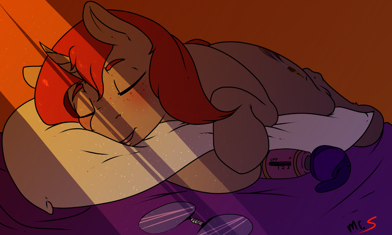 Size: 2499x1500 | Tagged: questionable, artist:mr.smile, derpibooru import, oc, oc:scribble notes, unofficial characters only, pony, unicorn, body pillow, female, glasses, hitachi wand, nerd, sex toy, sleeping, solo, solo female, vibrator