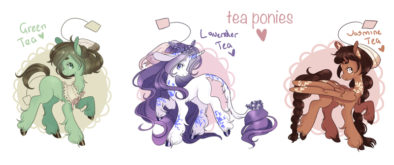 Size: 1024x430 | Tagged: safe, artist:lana-jay, derpibooru import, oc, oc:green tea, oc:jasmine tea, oc:lavender tea, ponified, unofficial characters only, classical unicorn, earth pony, pegasus, pony, unicorn, adoptable, body markings, braid, braided tail, choker, colored, digital art, female, large ears, leonine tail, long feather, long mane, not rarity, unshorn fetlocks