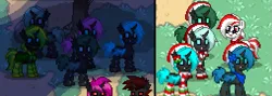 Size: 761x270 | Tagged: blue changeling, changeling, christmas, christmas changeling, clothes, derpibooru import, green changeling, oc, oc:food, pony town, purple changeling, red changeling, safe, screenshots, socks, striped socks, unofficial characters only