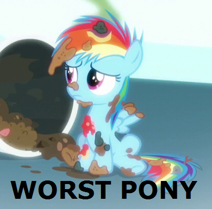 Size: 416x410 | Tagged: background pony strikes again, blatant lies, cropped, derpibooru import, dirty, downvote bait, edit, edited screencap, frown, into the trash it goes, newbie dash, rainbow dash, rainbow trash, sad, safe, screencap, sitting, solo, spread wings, trash, trash can, worst pony