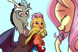 Size: 1024x683 | Tagged: safe, artist:loryska, derpibooru import, discord, fluttershy, oc, oc:larkspur, hybrid, pony, discoshy, eyes closed, floppy ears, holding a pony, interspecies offspring, male, offspring, open mouth, parent:discord, parent:fluttershy, parents:discoshy, shipping, simple background, smiling, straight, tongue out