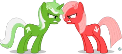 Size: 2804x1244 | Tagged: safe, artist:arifproject, derpibooru import, oc, oc:downvote, oc:upvote, ponified, unofficial characters only, pony, derpibooru, angry, derpibooru ponified, duo, gritted teeth, looking at each other, meta, nose wrinkle, simple background, transparent background, vector