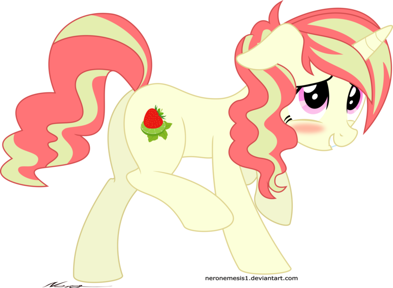 Size: 6219x4555 | Tagged: safe, artist:neronemesis1, derpibooru import, oc, oc:strawberry lime, unofficial characters only, pony, unicorn, absurd resolution, blushing, female, floppy ears, grin, looking up, mare, nervous, nervous grin, raised hoof, raised leg, simple background, smiling, solo, transparent background