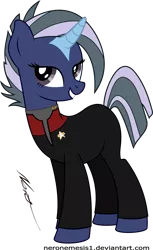 Size: 2707x4418 | Tagged: safe, artist:neronemesis1, derpibooru import, oc, oc:stadi, unofficial characters only, pony, unicorn, clothes, crossover, curved horn, female, mare, simple background, solo, star trek, star trek: voyager, starfleet, transparent background, uniform