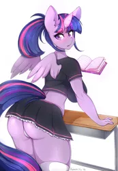 Size: 1000x1446 | Tagged: alicorn, anthro, artist:xenchiiru, ass, bent over, big breasts, blushing, book, breasts, busty twilight sparkle, clothes, derpibooru import, desk, female, frown, levitation, looking at you, looking back, magic, midriff, miniskirt, open mouth, panties, ponytail, schoolgirl, school uniform, short shirt, simple background, skirt, skirt lift, socks, solo, solo female, spread wings, suggestive, telekinesis, thigh highs, thong, twibutt, twilight sparkle, twilight sparkle (alicorn), underwear, upskirt, wedgie, white background, white underwear