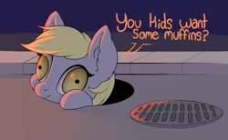 Size: 2000x1231 | Tagged: safe, artist:evehly, derpibooru import, derpy hooves, pegasus, pony, adoracreepy, creepy, cute, derp, dialogue, female, food, grimderp, it, looking at you, manhole, mare, marehole, muffin, pennywise, seems legit, shrunken pupils, smiling, solo, street, wat, wide eyes