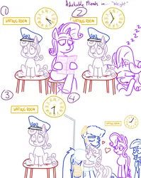 Size: 1280x1611 | Tagged: safe, artist:adorkabletwilightandfriends, derpibooru import, rarity, sweetie belle, oc, oc:officer conner, pony, comic:adorkable twilight and friends, accessory swap, adorkable friends, anatomically incorrect, bandage, bipedal, clock, clothes, comic, crossed legs, crying, cute, eyes closed, feels, frown, hat, heart, hoof hold, hospital, hug, incorrect leg anatomy, injured, lidded eyes, lineart, magazine, necktie, open mouth, raised leg, reading, sitting, sleeping, slice of life, smiling, tears of joy, zzz
