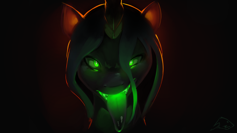 Size: 1920x1080 | Tagged: safe, artist:shnider, derpibooru import, queen chrysalis, bust, creepy, glowing eyes, glowing tongue, kitchen eyes, looking at you, portrait, solo, tongue out, translucent, wallpaper