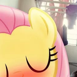 Size: 900x900 | Tagged: artist:shadyhorseman, bed, blushing, cute, derpibooru import, edit, fluttershy, human, human on pony snuggling, interspecies, irl, kissing, lying on top of someone, offscreen character, photo, ponies in real life, pov, safe, shyabetes, smooch, snuggling