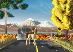 Size: 3500x2500 | Tagged: safe, artist:pony-way, derpibooru import, oc, oc:sandy lane, unofficial characters only, earth pony, pony, autumn, car, forest, mountain, road, scenery, solo, tree