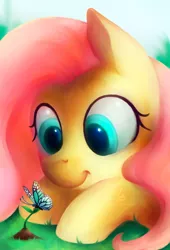 Size: 1325x1943 | Tagged: safe, artist:nekiw, derpibooru import, fluttershy, butterfly, pegasus, pony, looking at something, lying down, prone, smiling, solo