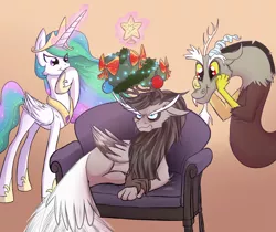 Size: 1404x1182 | Tagged: safe, artist:patty-plmh, derpibooru import, discord, princess celestia, oc, oc:pandemonium, hybrid, dislestia, interspecies offspring, magic, male, offspring, parent:discord, parent:princess celestia, parents:dislestia, shipping, straight