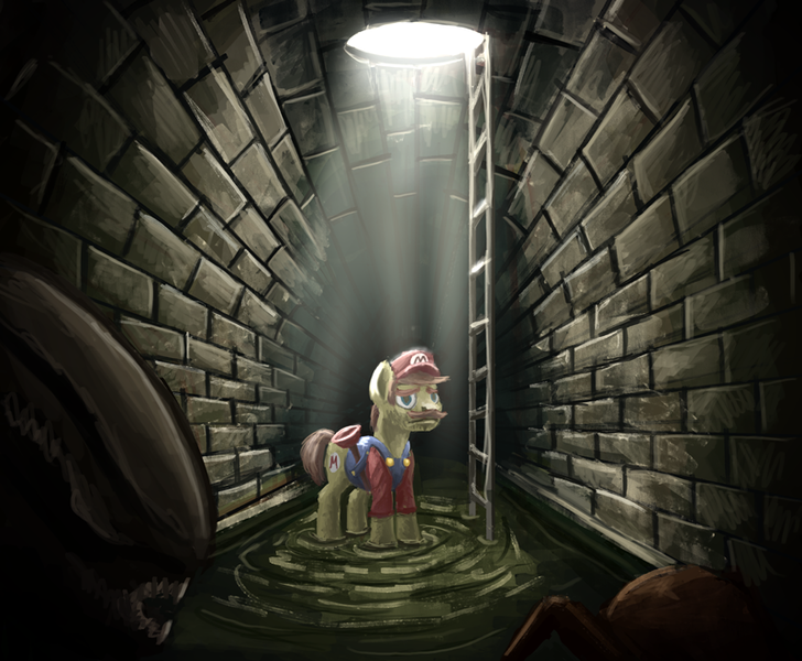 Size: 800x659 | Tagged: alien, artist:sa1ntmax, derpibooru import, ladder, mario, ponified, safe, sewage, sewer, solo, super mario bros., xenomorph