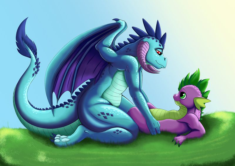 Size: 1754x1240 | Tagged: artist:exelzior, bedroom eyes, derpibooru import, dragon, emberspike, eye contact, female, field, grass, larger female, looking at each other, male, older, older spike, on back, princess ember, semi-anthro, shipping, size difference, smiling, spike, straight, suggestive, sunlight, this will end in snu snu