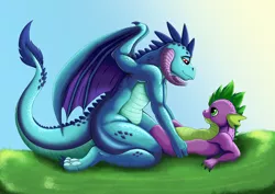 Size: 1754x1240 | Tagged: artist:exelzior, bedroom eyes, derpibooru import, dragon, emberspike, eye contact, female, field, grass, larger female, looking at each other, male, older, older spike, on back, princess ember, semi-anthro, shipping, size difference, smiling, spike, straight, suggestive, sunlight, this will end in snu snu