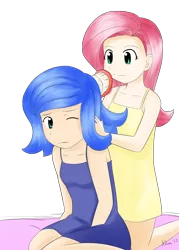 Size: 1100x1540 | Tagged: artist:kprovido, brushing, clothes, cute, derpibooru import, dress, duo, duo female, female, fluttershy, human, humanized, lunabetes, luna is not amused, princess luna, s1 luna, safe, shyabetes, simple background, transparent background, unamused