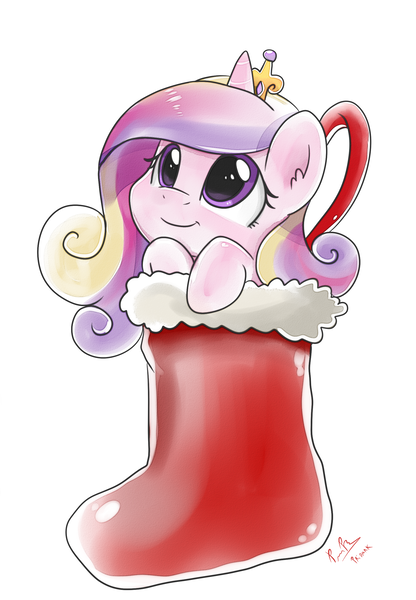 Size: 1766x2550 | Tagged: artist:pridark, christmas stocking, commission, cute, cutedance, derpibooru import, filly, pridark is trying to murder us, princess cadance, safe, signature, simple background, smiling, solo, watercolor painting, white background, younger