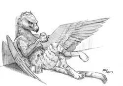 Size: 1500x1052 | Tagged: safe, artist:baron engel, derpibooru import, oc, unofficial characters only, gryphon, alcohol, drunk, grayscale, looking at you, monochrome, pencil drawing, simple background, sketch, smiling, solo, traditional art, white background