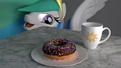 Size: 960x540 | Tagged: safe, artist:lunaerix, derpibooru import, princess celestia, pony, 3d, behaving like a cat, blender, cup, cute, cutelestia, donut, donutlestia, eyes on the prize, female, food, happy, mare, open mouth, sillestia, silly, smiling, solo, soon, spread wings