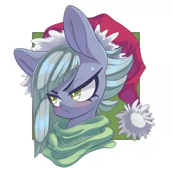 Size: 3000x3000 | Tagged: safe, artist:kaikoinu, derpibooru import, limestone pie, earth pony, pony, blushing, bust, christmas, clothes, confident, cute, female, frown, glare, grumpy, hat, holiday, limabetes, limetsun pie, looking away, mare, portrait, santa hat, scarf, simple background, solo, tsundere, white background