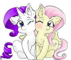 Size: 1000x840 | Tagged: safe, artist:firimil, derpibooru import, fluttershy, rarity, pegasus, pony, unicorn, blushing, chest fluff, cute, ear fluff, female, flarity, fluffy, hug, lesbian, nuzzling, one eye closed, raribetes, shipping, shyabetes, simple background, sitting, smiling, spread wings, squishy cheeks, white background, winghug, wink