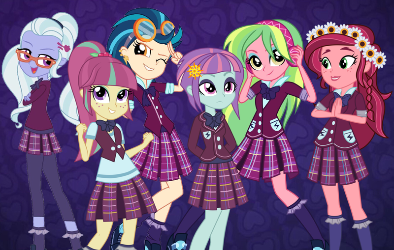 Size: 2048x1302 | Tagged: safe, artist:limedazzle, artist:mixiepie, artist:themexicanpunisher, artist:xebck, derpibooru import, gloriosa daisy, indigo zap, lemon zest, sour sweet, sugarcoat, sunny flare, equestria girls, friendship games, clothes, pleated skirt, school uniform, shadow six, skirt