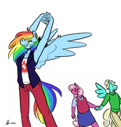 Size: 1280x1347 | Tagged: anthro, armpits, artist:rwl, bisexual, blushing, cheeribreeze, cheeridash, cheerilee, derpibooru import, eyes closed, eyes on the prize, female, grin, lesbian, male, rainbow dash, safe, shipping, simple background, smiling, spread wings, straight, stretching, white background, zephyr breeze