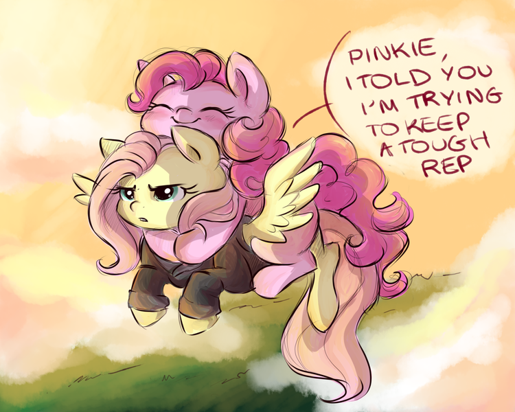 Size: 1500x1200 | Tagged: safe, artist:buttersprinkle, derpibooru import, fluttershy, pinkie pie, earth pony, pegasus, pony, blushing, buttersprinkle is trying to murder us, clothes, cloud, cloudy, cute, dialogue, diapinkes, eyes closed, female, flying, hoodie, hug, inconvenient, inconvenient pinkie, mare, open mouth, ponies riding ponies, shyabetes, smiling, spread wings, text, tough