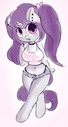 Size: 1030x1920 | Tagged: suggestive, artist:wickedsilly, derpibooru import, oc, oc:wicked silly, unofficial characters only, anthro, unguligrade anthro, unicorn, anthro oc, belly button, breasts, chibi, clothes, female, fuck you, looking at you, middle finger, midriff, panties, pigtails, ponysona, shorts, solo, solo female, tanktop, thong, tongue out, underwear