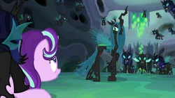 Size: 1920x1080 | Tagged: safe, derpibooru import, edit, edited screencap, editor:joshua, screencap, queen chrysalis, starlight glimmer, thorax, changeling, changeling queen, pony, to where and back again, bugbutt, changeling guard, changeling hive, female, mare, plot, walking away
