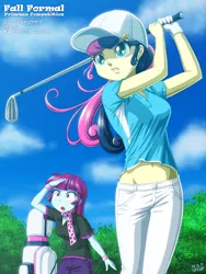 Size: 900x1200 | Tagged: safe, artist:uotapo, derpibooru import, bon bon, mystery mint, sweetie drops, equestria girls, background human, belly button, cap, clothes, cloud, cloudy, fall formal, fall formal princess competition, female, gloves, golf, golf club, hat, midriff, open mouth, pants, sky, tree