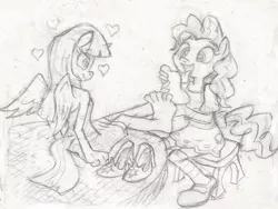 Size: 1019x765 | Tagged: suggestive, artist:dertikleen, derpibooru import, pinkie pie, twilight sparkle, twilight sparkle (alicorn), alicorn, anthro, plantigrade anthro, 4 toes, barefoot, clothes, feet, female, foot fetish, foot worship, lesbian, licking, licking foot, shipping, skirt, table, tongue out, traditional art, twinkie