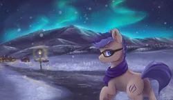 Size: 5700x3300 | Tagged: safe, artist:ardail, derpibooru import, oc, unofficial characters only, pony, absurd resolution, aurora borealis, clothes, commission, fluffy, glasses, lamppost, night sky, plot, scarf, snow, snowfall, solo, stars, village, winter