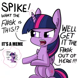 Size: 1080x1080 | Tagged: safe, artist:tjpones, derpibooru import, edit, twilight sparkle, twilight sparkle (alicorn), alicorn, pony, angry, censored vulgarity, cute, dialogue, droste effect, exploitable meme, get it the f#@k out of here, grawlixes, implied spike, inception, magic, meme, memeception, offscreen character, open mouth, recursion, simple background, sitting, solo, twiabetes, vulgar, white background