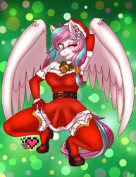 Size: 2975x3850 | Tagged: anthro, artist:ladypixelheart, belt, christmas, clothes, costume, derpibooru import, dress, evening gloves, female, gloves, mary janes, oc, oc:heart song, pegasus, plantigrade anthro, santa costume, shoes, skirt, socks, solo, solo female, stockings, suggestive, thigh highs, unofficial characters only, zettai ryouiki