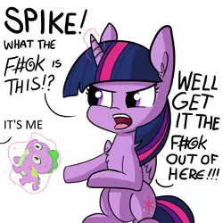 Size: 1080x1080 | Tagged: safe, artist:millennial dan, artist:tjpones, derpibooru import, edit, spike, twilight sparkle, twilight sparkle (alicorn), alicorn, pony, angry, baby spike, chest fluff, cute, dialogue, exploitable meme, get it the f#@k out of here, implied spike, levitation, magic, meme, offscreen character, open mouth, paradox, self dragondox, simple background, sitting, solo, telekinesis, time paradox, tongue out, twibitch sparkle, vulgar, white background, yelling