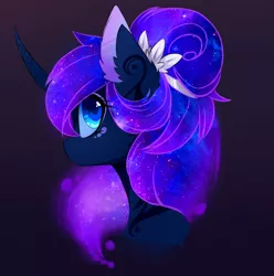 Size: 1280x1290 | Tagged: safe, artist:magnaluna, derpibooru import, princess luna, pony, alternate hairstyle, beautiful, color porn, colored pupils, curved horn, cute, ear fluff, female, flower, flower in hair, galaxy mane, looking back, lunabetes, mare, simple background, solo, wingding eyes