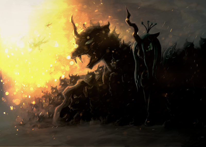 Size: 1260x900 | Tagged: army, artist:assasinmonkey, behemoth, changeling, changeling behemoth, changeling queen, derpibooru import, edit, epic, female, macro, queen chrysalis, semi-grimdark