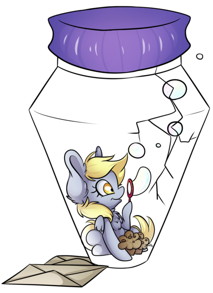 Size: 3445x4751 | Tagged: safe, artist:cutepencilcase, derpibooru import, derpy hooves, pegasus, pony, bubble, female, food, impossibly large ears, letter, mare, muffin, pony in a bottle, simple background, solo, transparent background