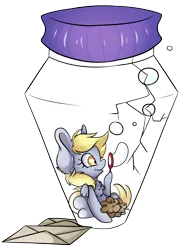 Size: 3445x4751 | Tagged: safe, artist:cutepencilcase, derpibooru import, derpy hooves, pegasus, pony, bubble, female, food, impossibly large ears, letter, mare, muffin, pony in a bottle, simple background, solo, transparent background