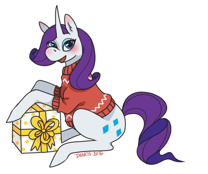 Size: 754x631 | Tagged: safe, artist:denkis, derpibooru import, rarity, clothes, present, simple background, solo, sweater, transparent background